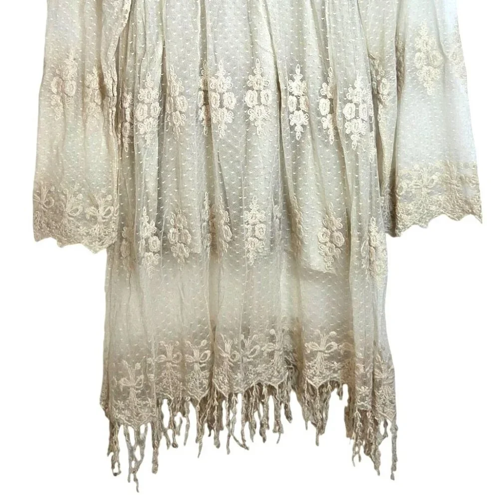 Contrast Cream Floral Embroidery Lace Long Sleeve Boho Cowgirl Mini Dress Medium - Picture 2 of 6